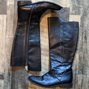 Bed Stu Black Leather Tall Riding Boots Side Zipper Metal Rivets